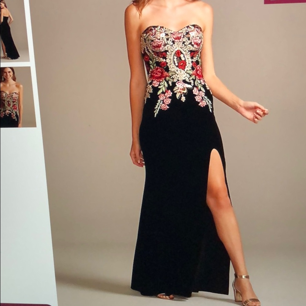 Black Floral Velvet Prom Dress